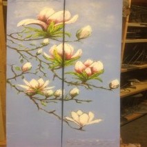 magnolia op steigerhout /